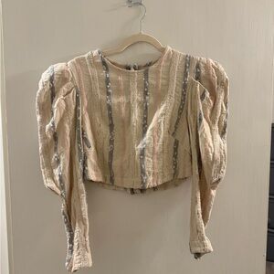 KOCH Textured Puff Sleeve Stripe Crop Top | Size L | Boutique Designer